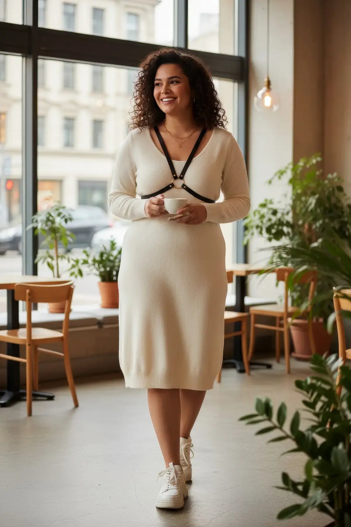Plus Size Black Minimal V-Harness by HarnessClub with two straps and a single O-ring worn over a cream sweater dress