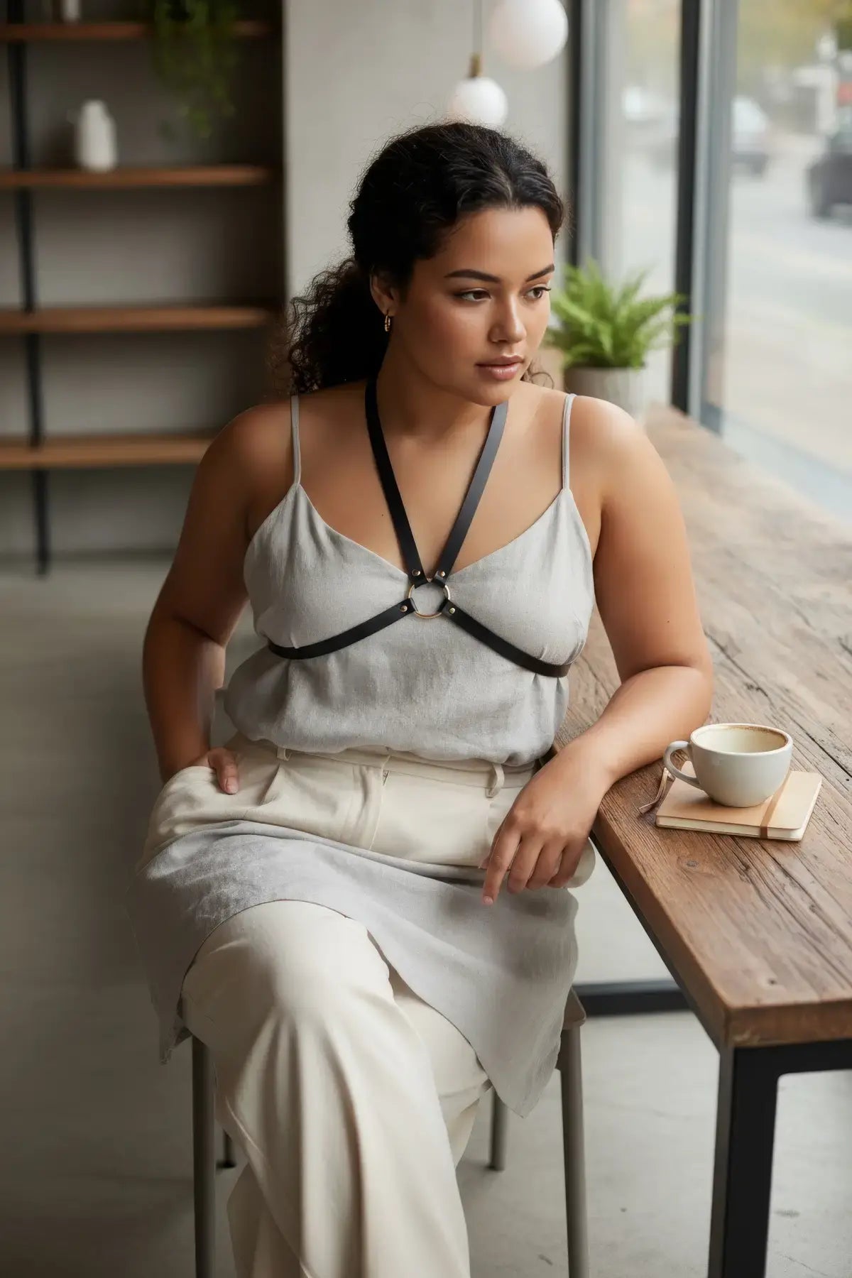 Plus Size Black Minimal V-Harness by HarnessClub with two straps and a single O-ring vegan leather