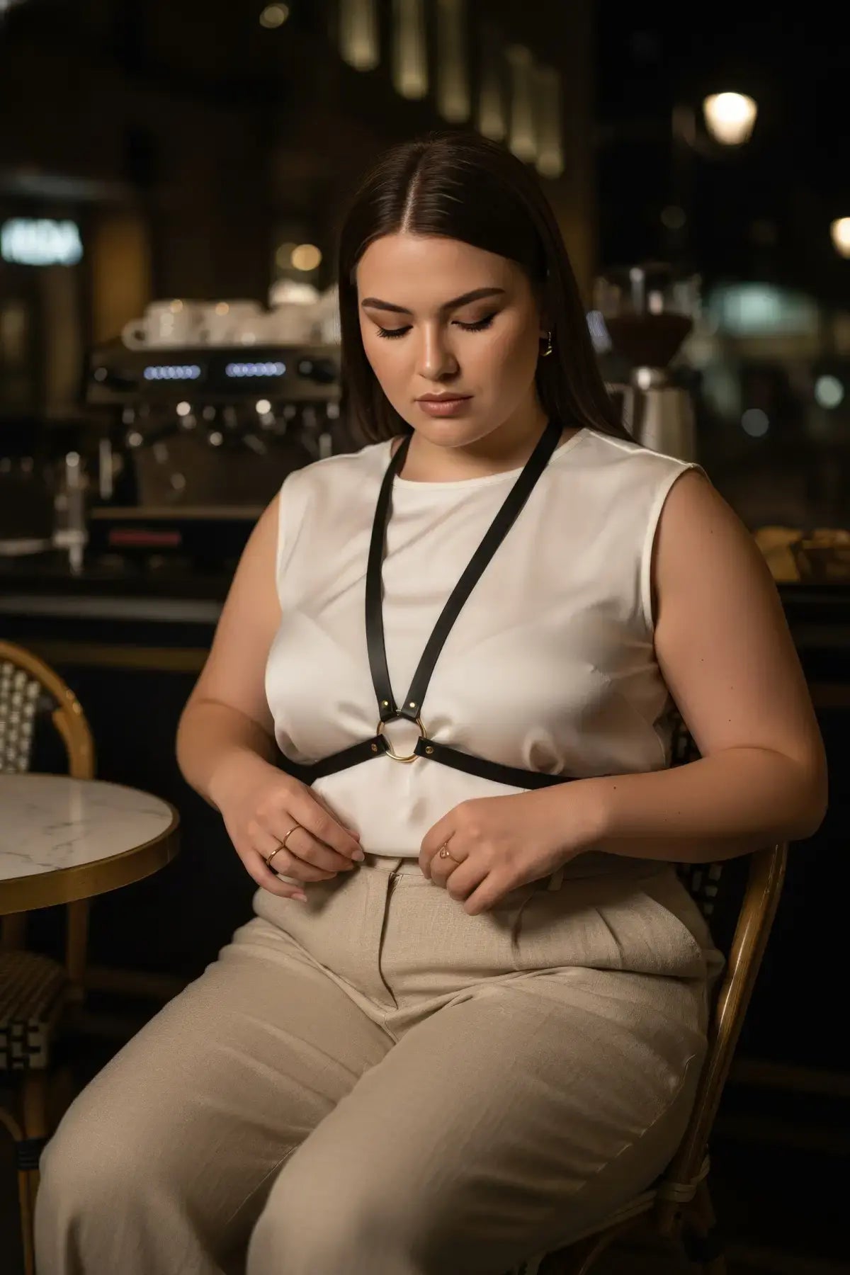 Plus-size black minimal V-harness with a single O-ring in vegan leather by HarnessClub