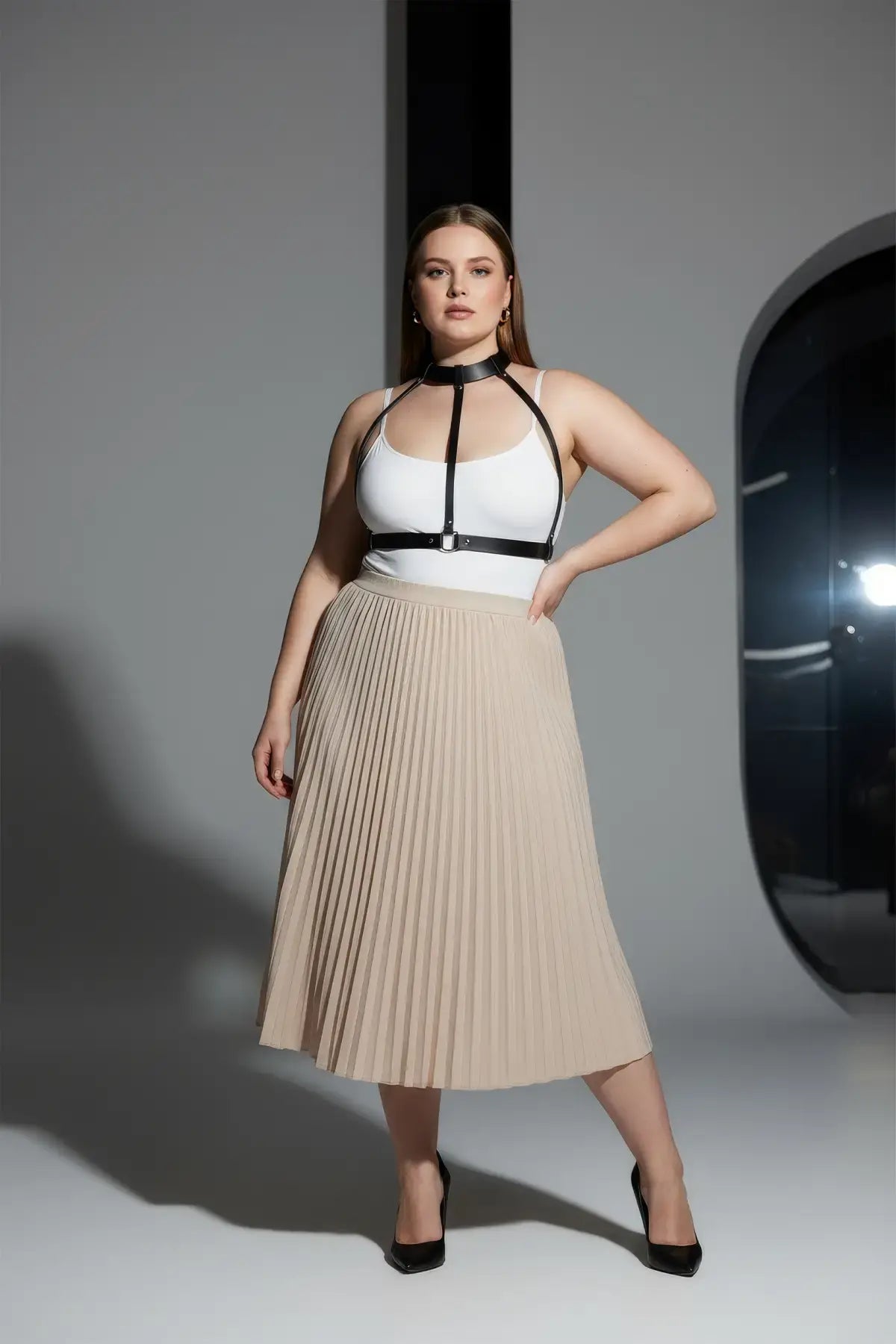 HarnessClub Plus Size Black Minimalist Adjustable Body Harness, vegan leather with choker collar