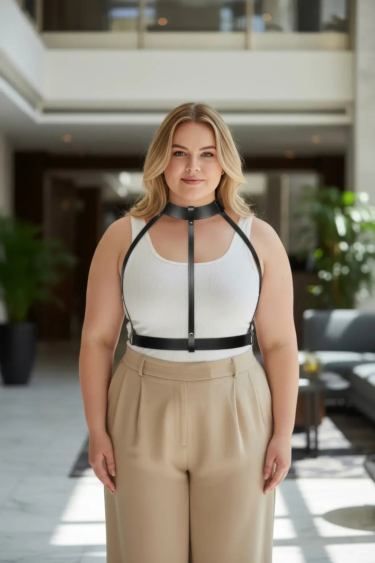 Plus-size black vegan-leather minimalist adjustable body harness by HarnessClub