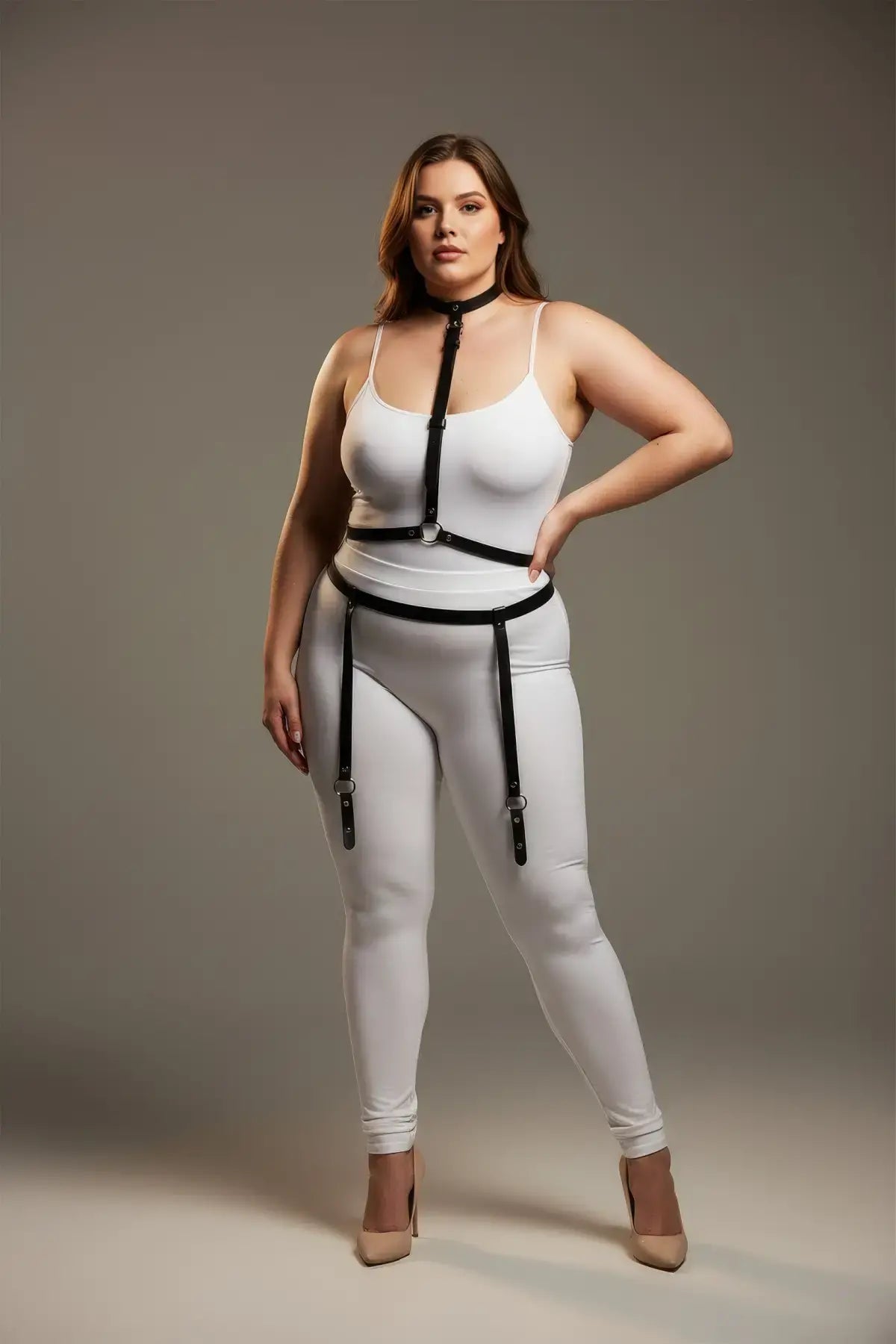 HarnessClub plus-size black vegan leather garter harness set with choker and thigh straps