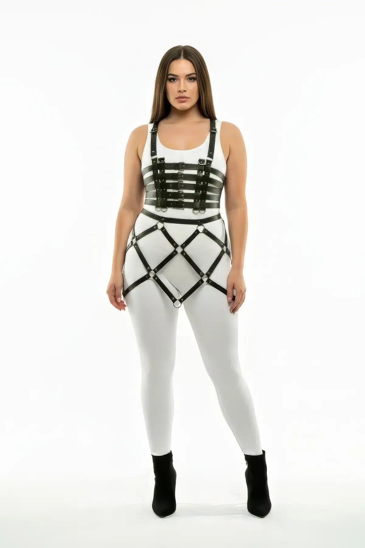Plus-Size black multi-band corset harness with cage-skirt by HarnessClub