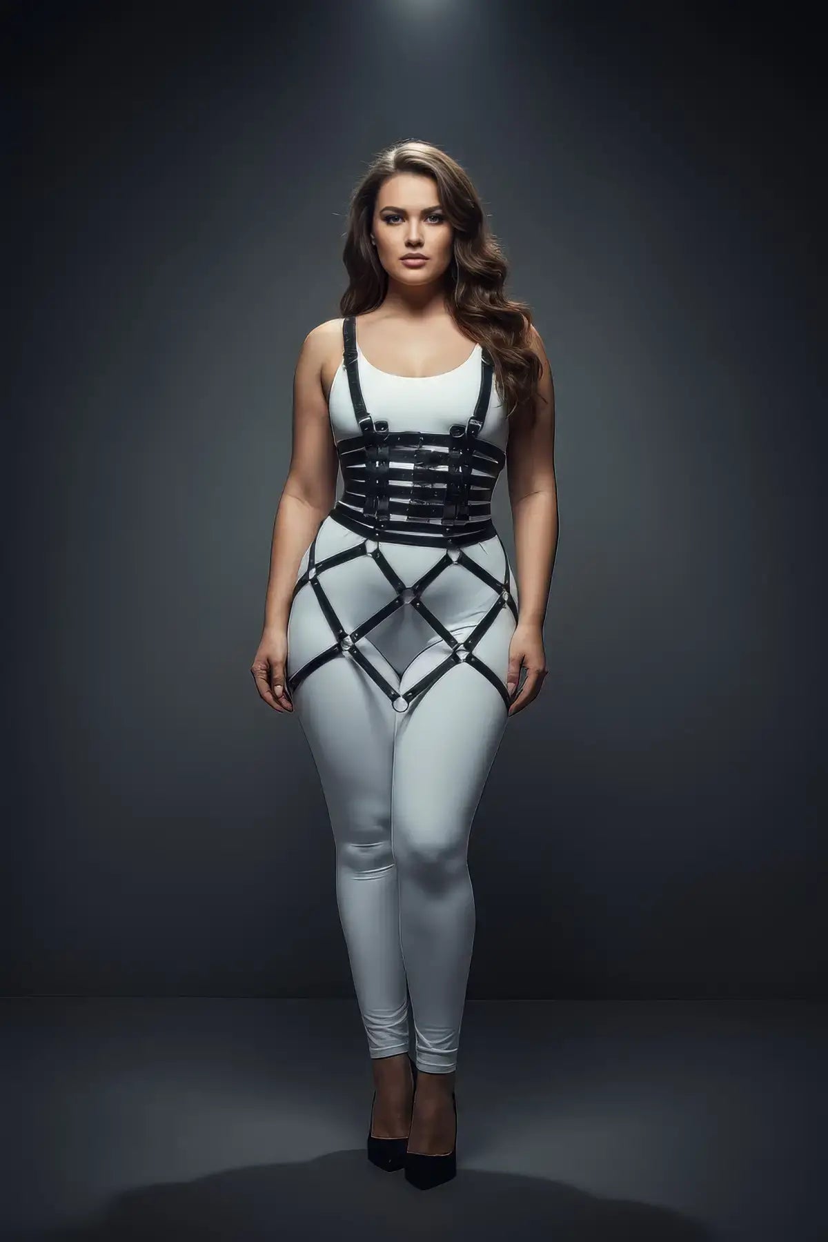Plus-size black multi-band corset and cage harness set worn over a white bodysuit; vegan leather body accessory