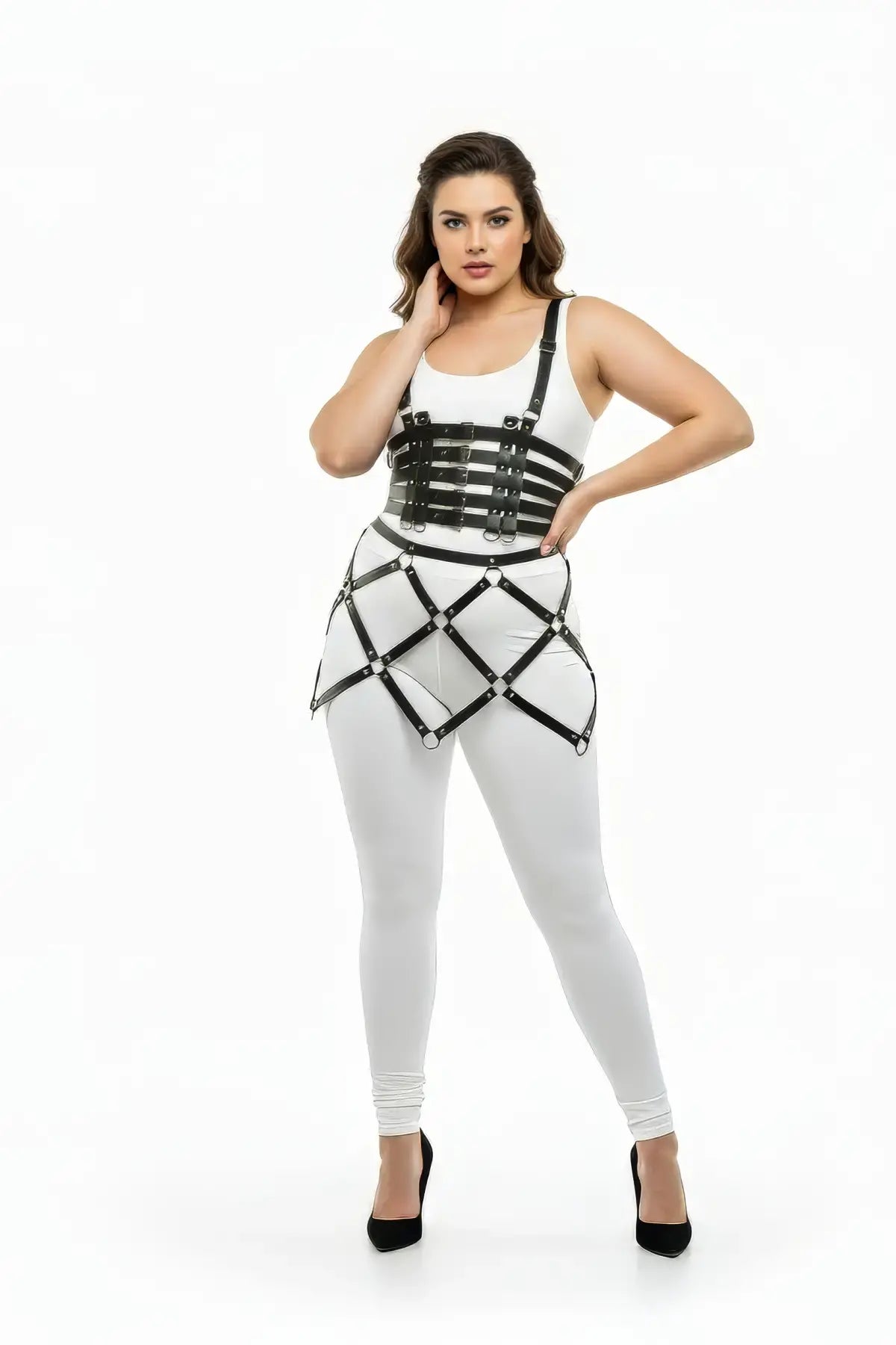 Plus size black vegan leather multi-band corset and cage skirt harness set by HarnessClub