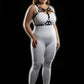 Plus-size black vegan-leather multi-band O-ring cage chest harness on white bodysuit