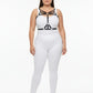 Plus-size black vegan-leather multi-band O-ring chest harness worn over a white top.