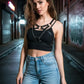 Plus Size Black Multi-Band V-Cross Chest Harness in vegan leather with metal chain accents