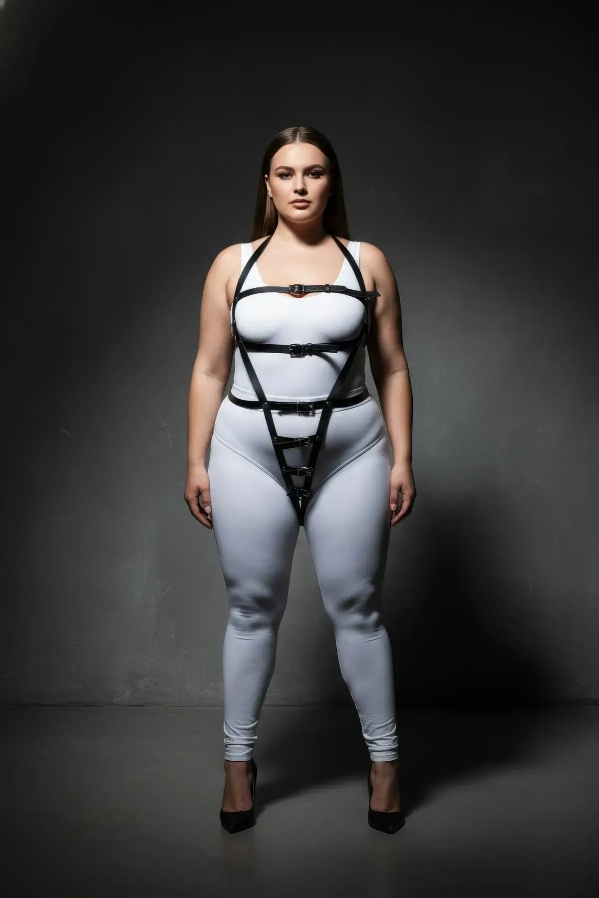 Plus Size Black Multi-Buckle Adjustable Body Harness by HarnessClub vegan leather worn over a white bodysuit