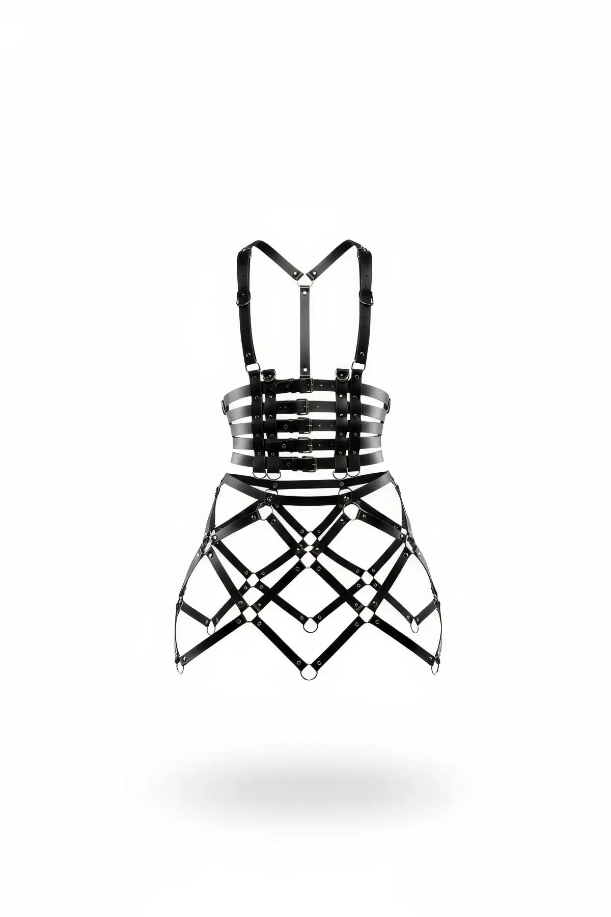Plus-size black multi-buckle cage mini dress with vegan leather harness