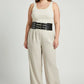 Plus Size Black Multi-Buckle Wide Corset Belt by HarnessClub, worn over a white tank top.