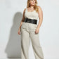 Plus size black wide corset belt with multiple buckles worn at waist