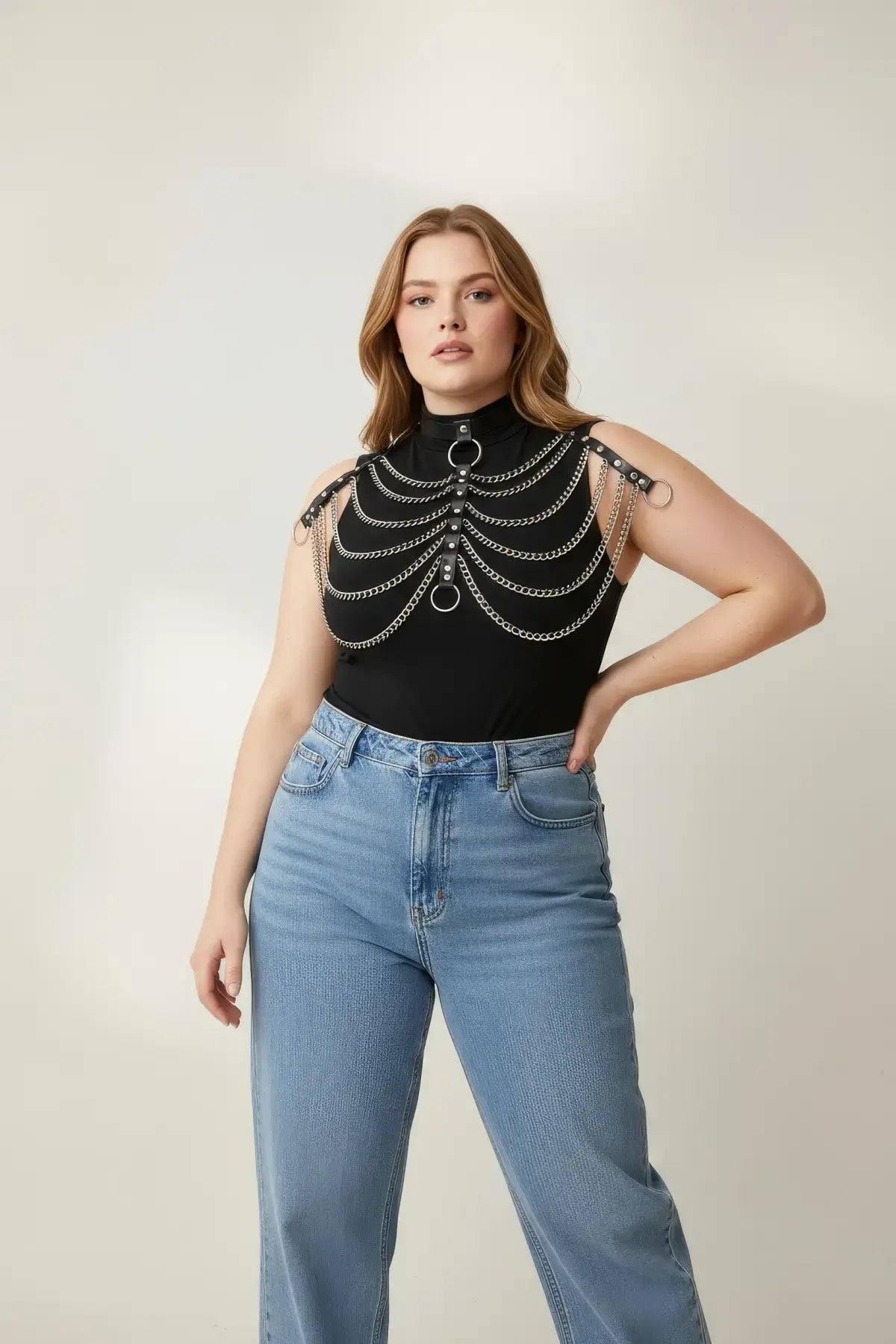Plus Size Black Vegan Leather Multi-Chain Bib Harness with silver chain drapes and O-ring accents