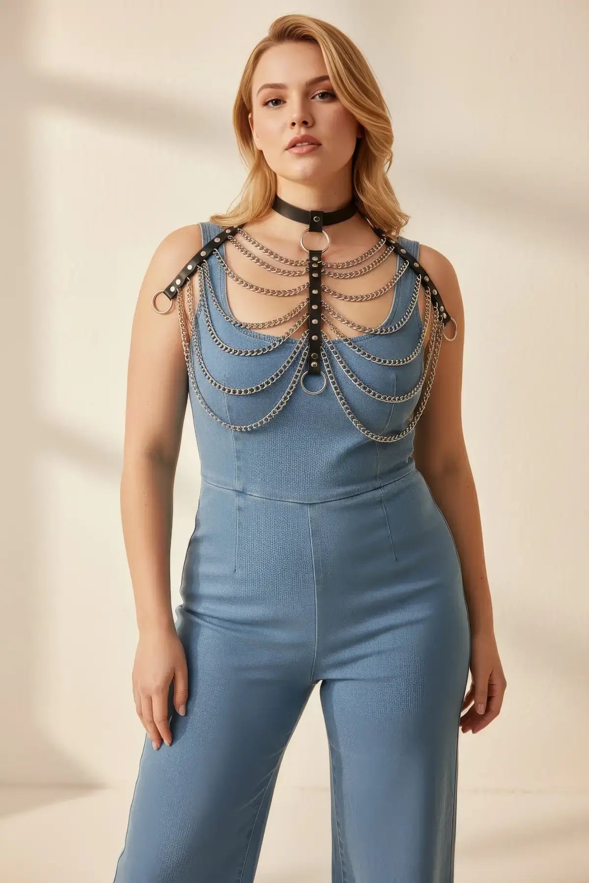 Plus Size Black Multi-Chain Bib Harness over blue outfit; vegan leather choker with central O-ring and layered chains
