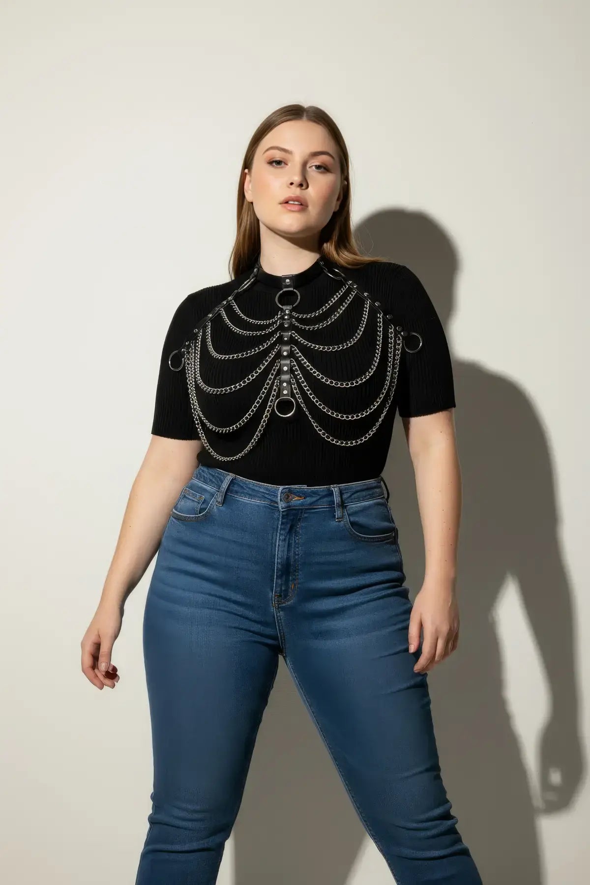 Plus Size Black Multi-Chain Bib Harness by HarnessClub, vegan leather body accessory with layered silver chains.