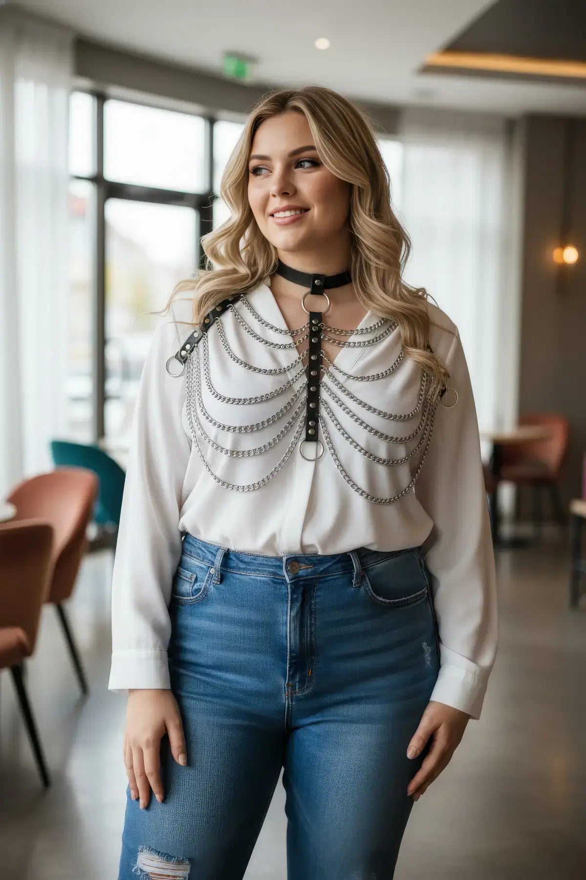 Plus Size Black Multi-Chain Bib Harness; vegan leather choker with O-ring and cascading metal chains.