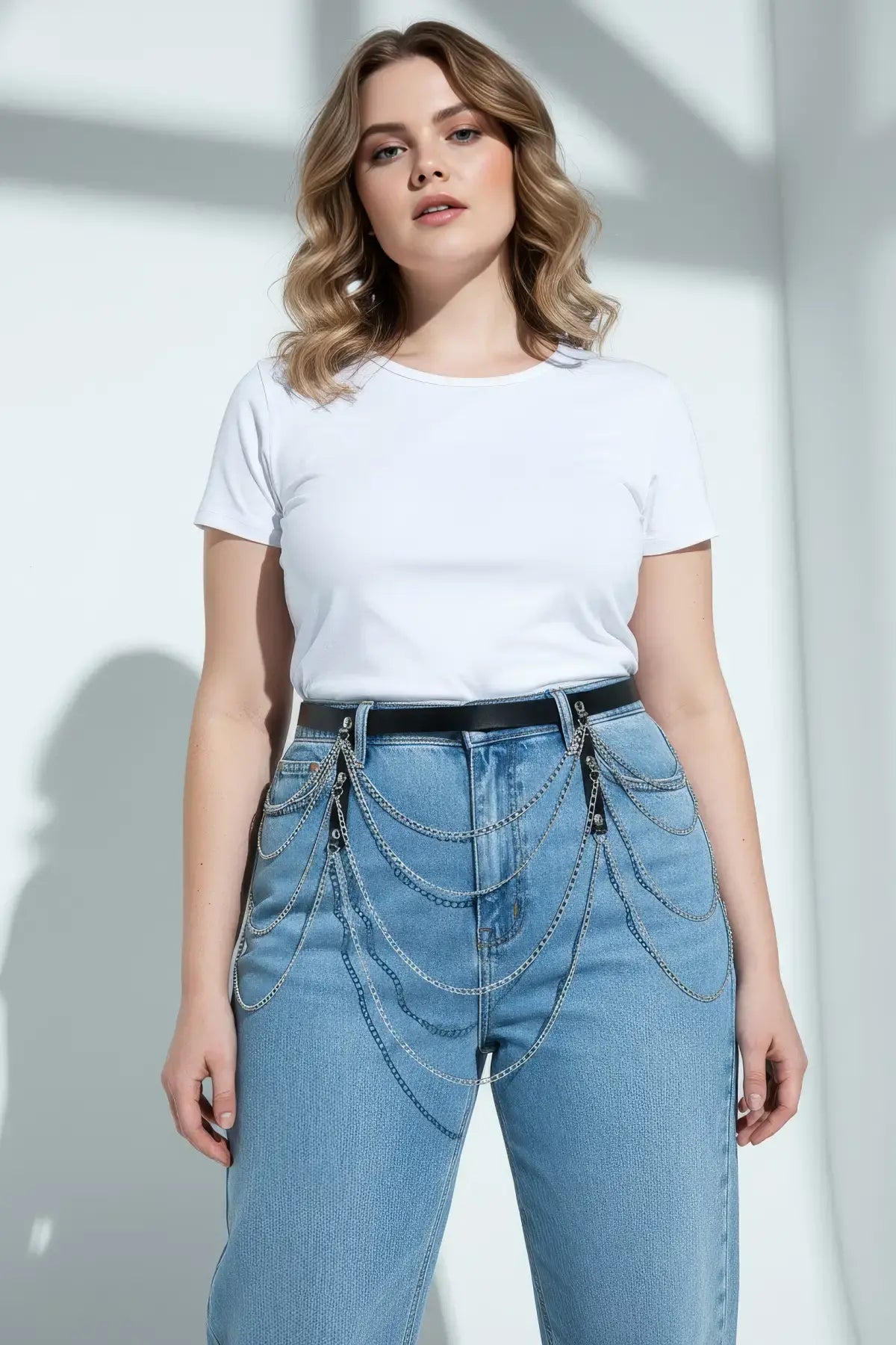 Plus Size Black Multi-Chain Detail Aesthetic Belt with silver chains worn over blue denim.
