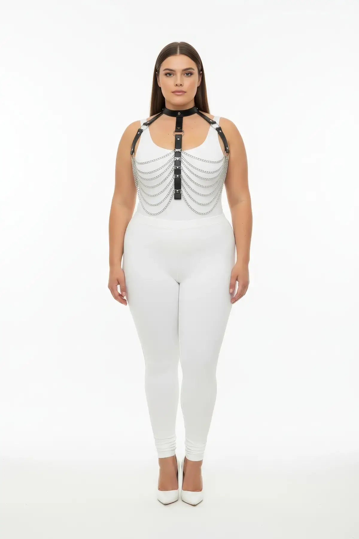 Plus Size Black Multi-Chain Drape Chest Harness by HarnessClub; vegan leather with silver chains