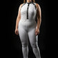 HarnessClub Plus-Size Black Multi-Chain Drape Chest Harness in vegan leather with silver chains.