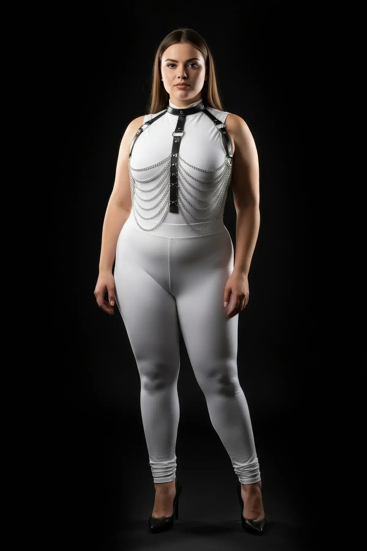 HarnessClub Plus-Size Black Multi-Chain Drape Chest Harness in vegan leather with silver chains.