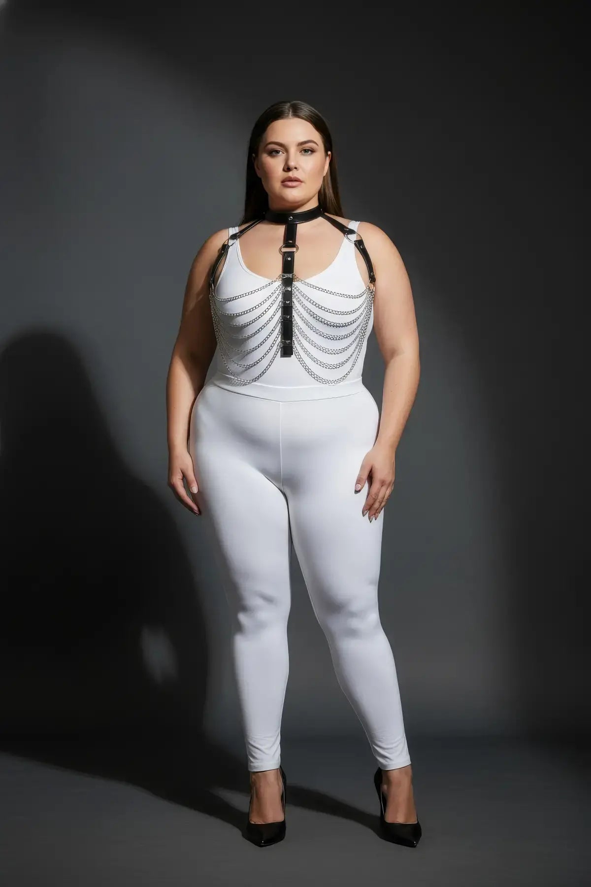 Plus Size Black Multi-Chain Drape Chest Harness with silver chain drapes
