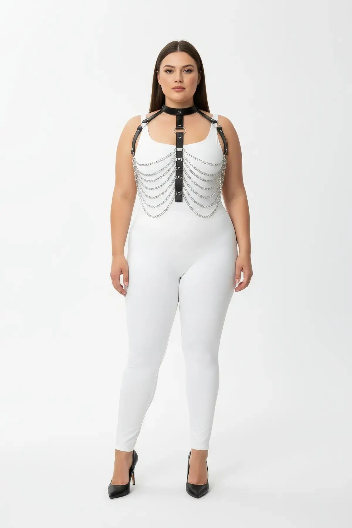 Plus Size Black Multi-Chain Drape Chest Harness made of vegan leather with silver chains
