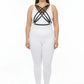 Plus Size Black Vegan Leather Multi-Cross Cage Chest Harness worn over white tank top.