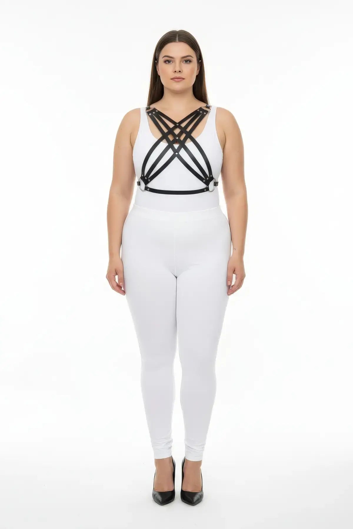 Plus Size Black Vegan Leather Multi-Cross Cage Chest Harness worn over white tank top.