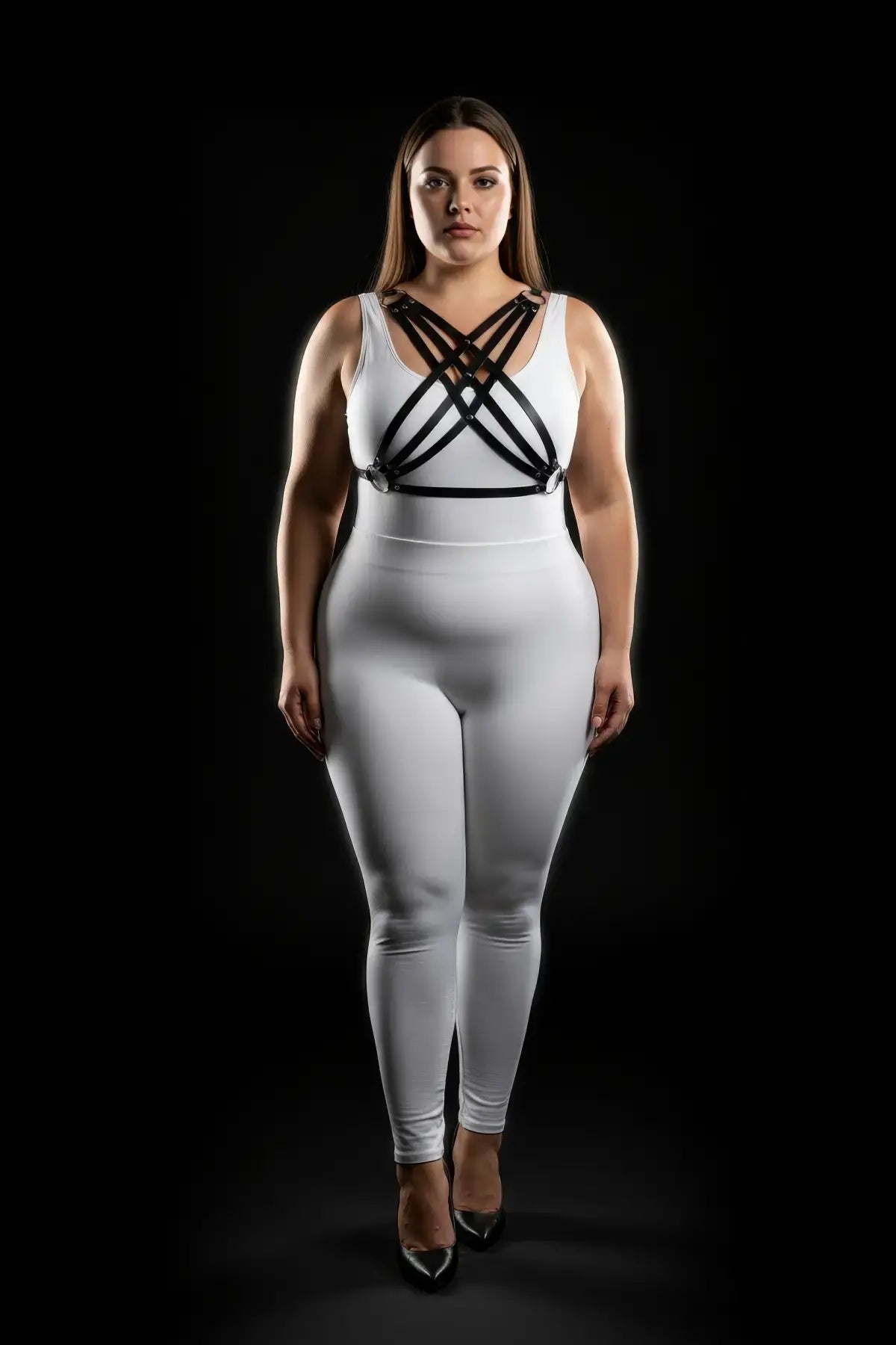 Plus size black multi-cross cage chest harness by HarnessClub over white bodysuit
