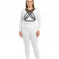 Plus-size black vegan-leather multi-cross cage chest harness worn over a white bodysuit.