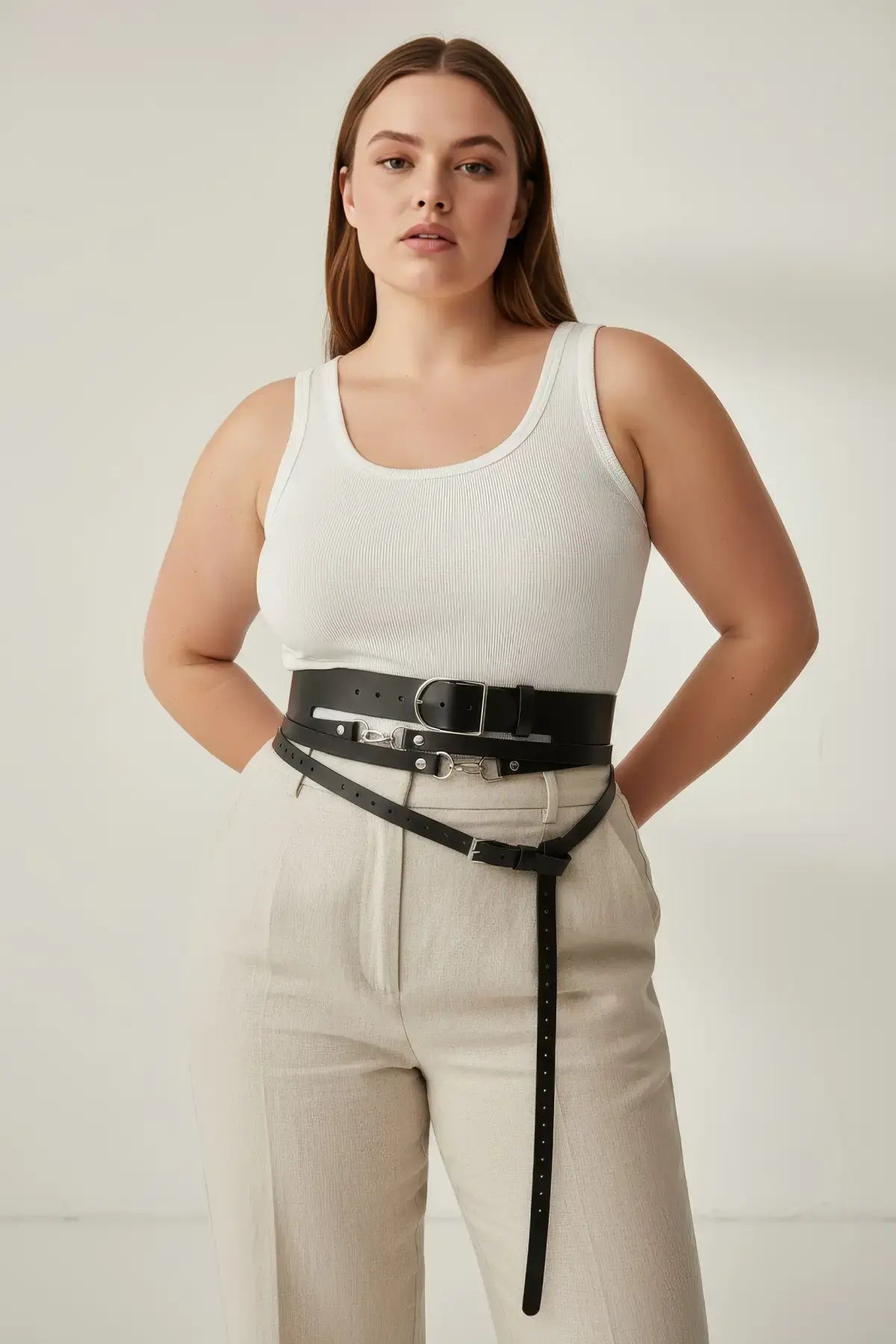Plus Size Black Multi-Layer Buckle Corset Harness by HarnessClub, vegan leather waist belt set (3 layers)