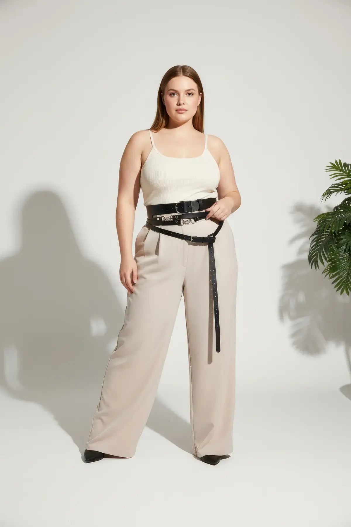 Plus Size Black Multi-Layer Buckle Corset Harness worn at the waist; vegan leather body accessory.