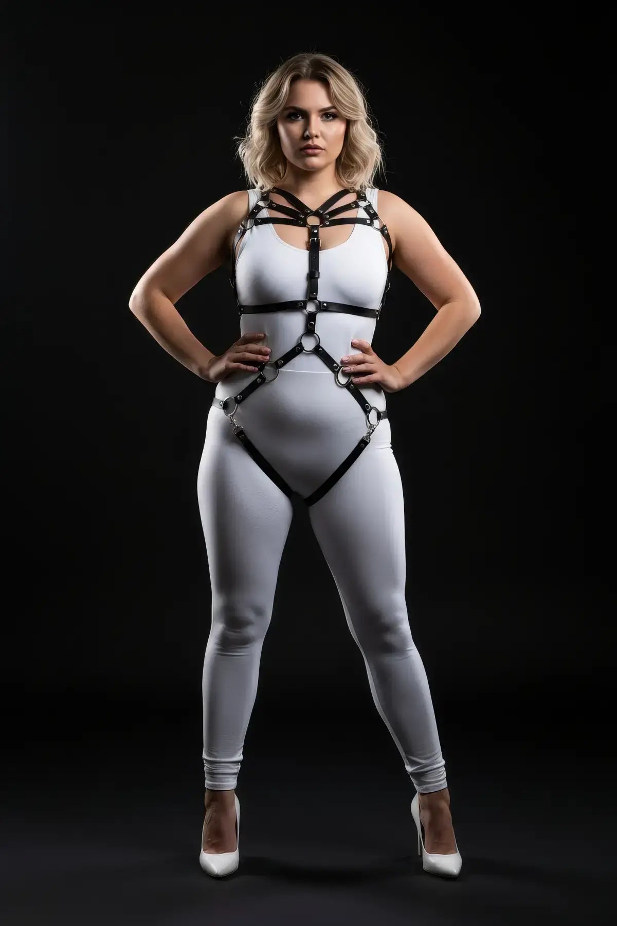 Plus Size Black Multi-Ring Full Body Harness Set in vegan leather, collar-to-thigh design by HarnessClub.