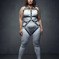 Plus Size Black Multi-Ring Full Body Harness Set in vegan leather with collar-to-thigh design on a model
