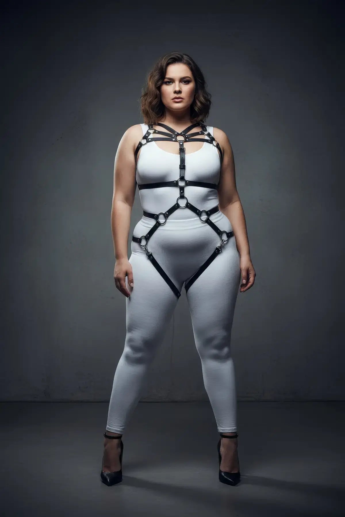 Plus Size Black Multi-Ring Full Body Harness Set in vegan leather with collar-to-thigh design on a model