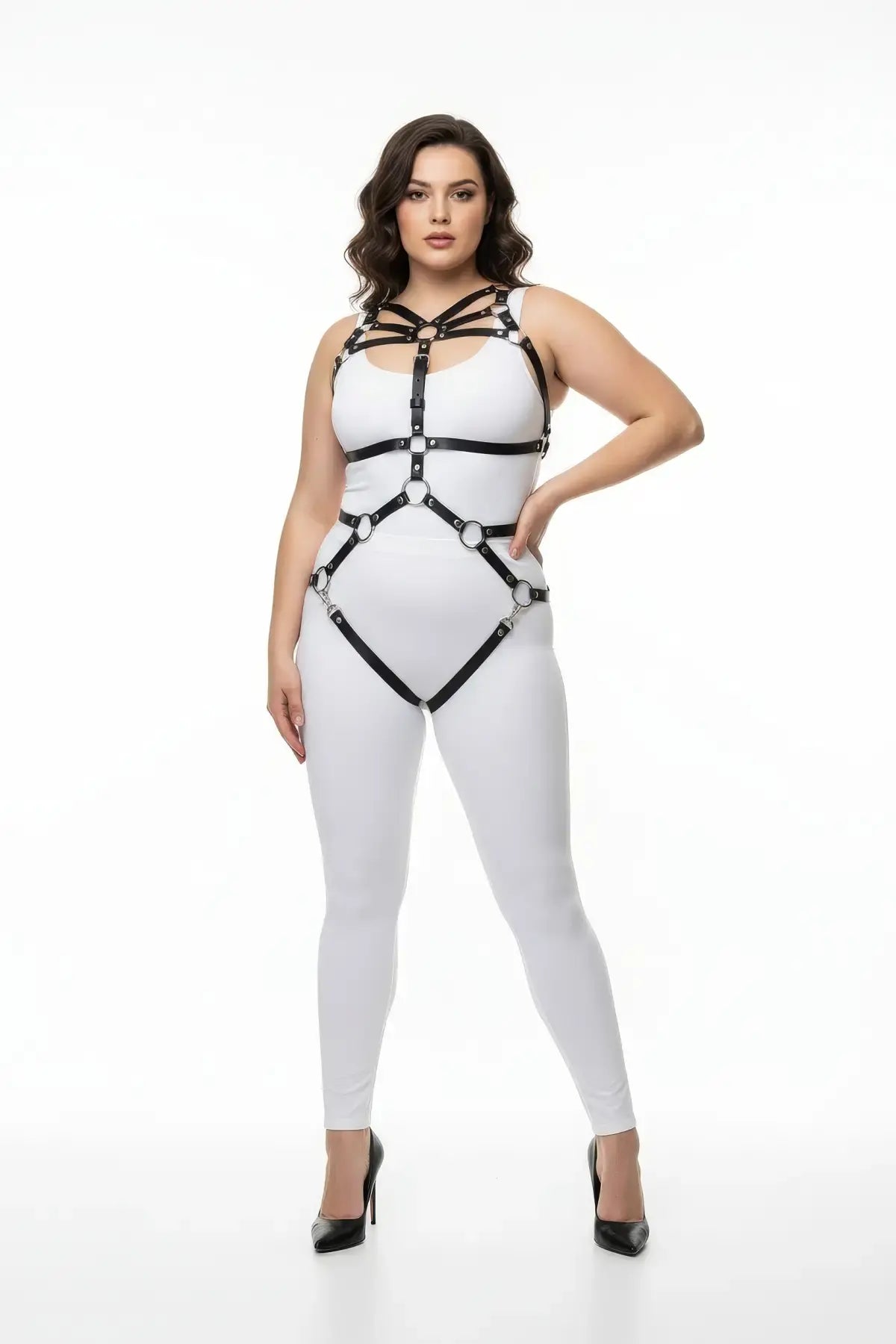 Plus Size Black Multi-Ring Full-Body Harness Set in vegan leather by HarnessClub, collar-to-thigh design