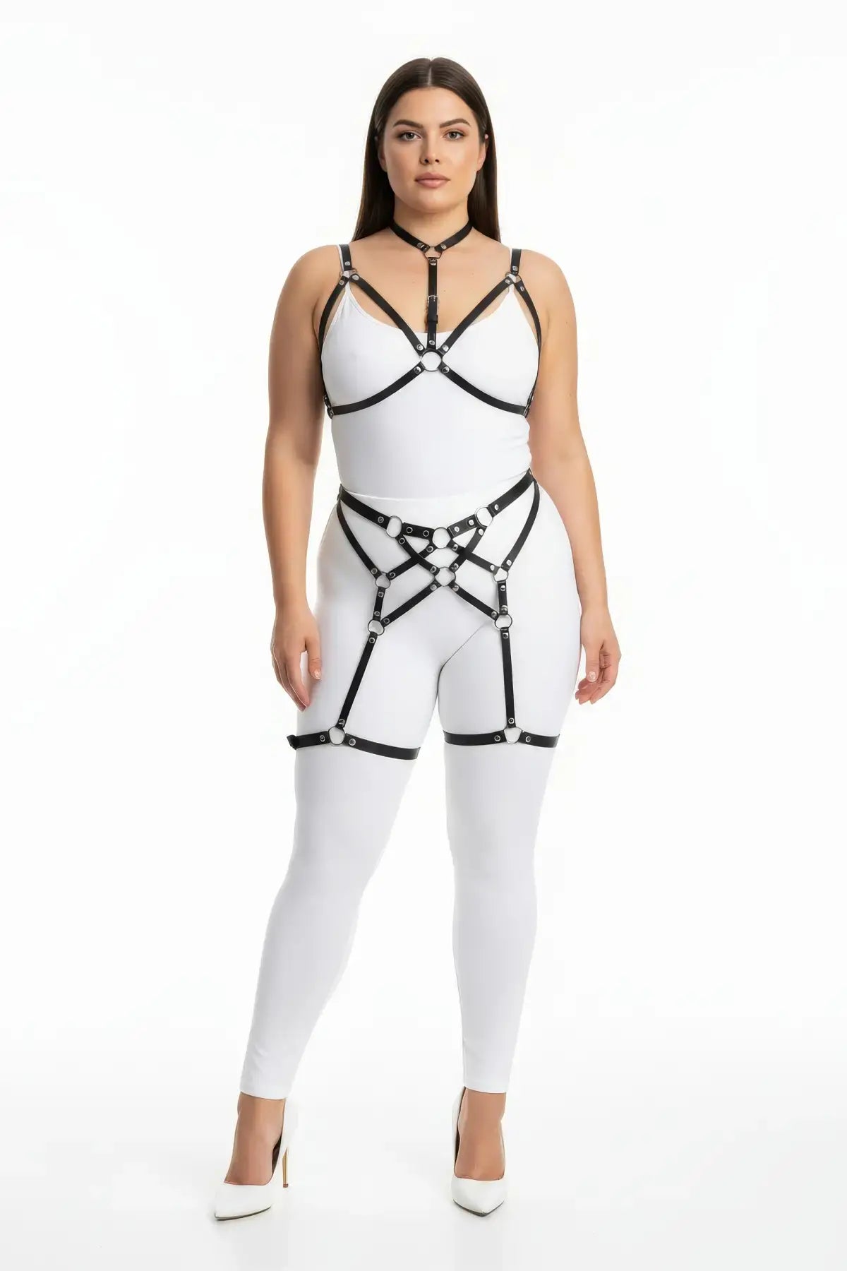 Plus Size Black Multi-Ring Garter Full Body Harness Set in vegan leather with black hardware