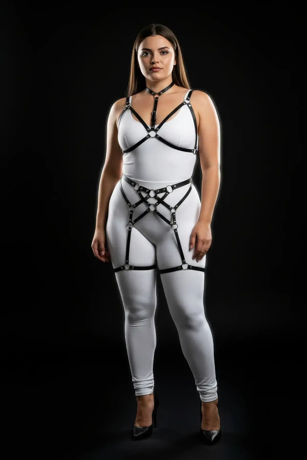 Plus-Size Black Vegan Leather Multi-Ring Garter Full-Body Harness Set by HarnessClub worn by model