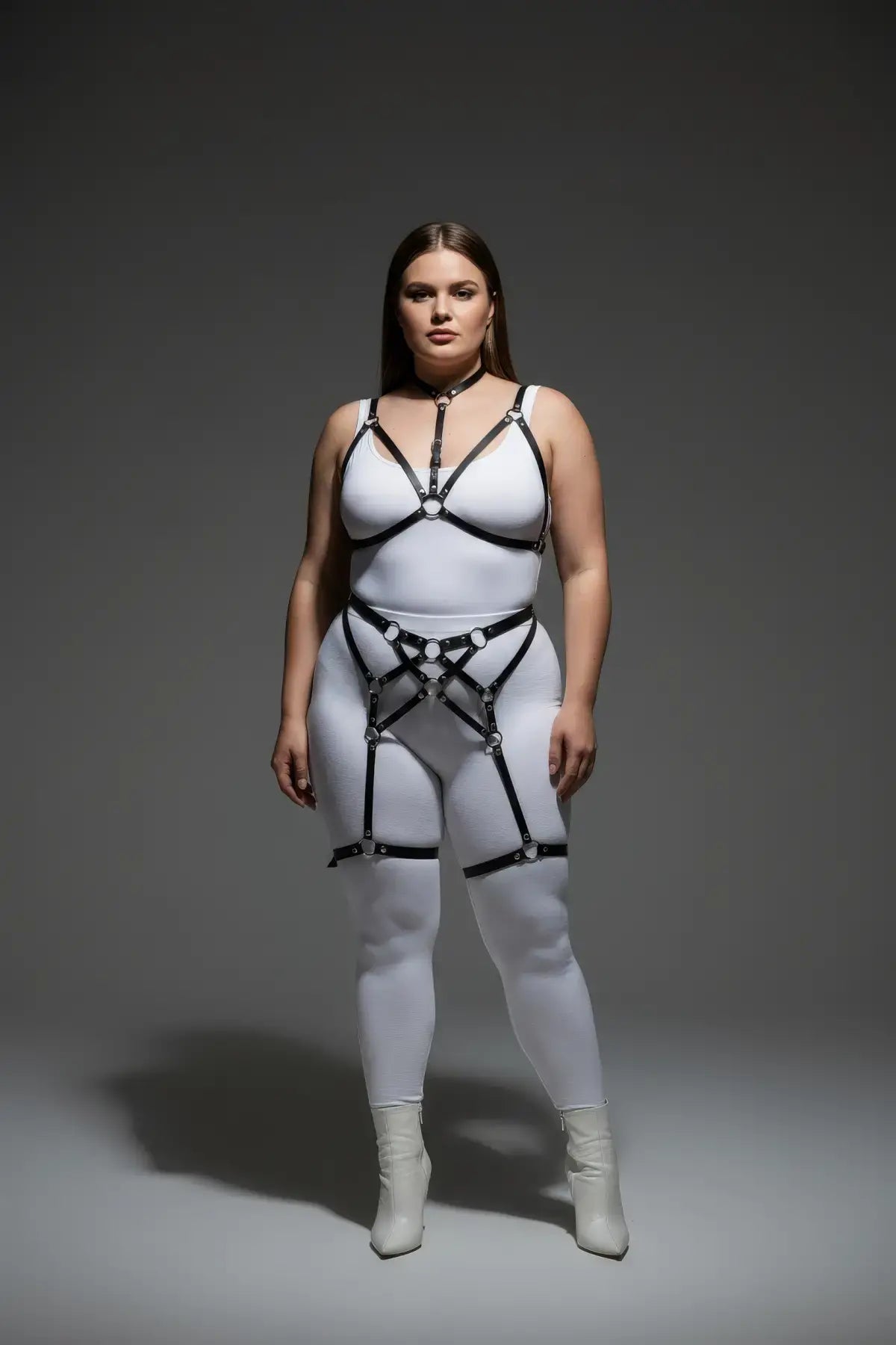 Plus Size Black Multi-Ring Garter Full-Body Harness Set in vegan leather