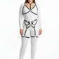 Plus-size black vegan-leather multi-ring garter full-body harness set worn over a white bodysuit.