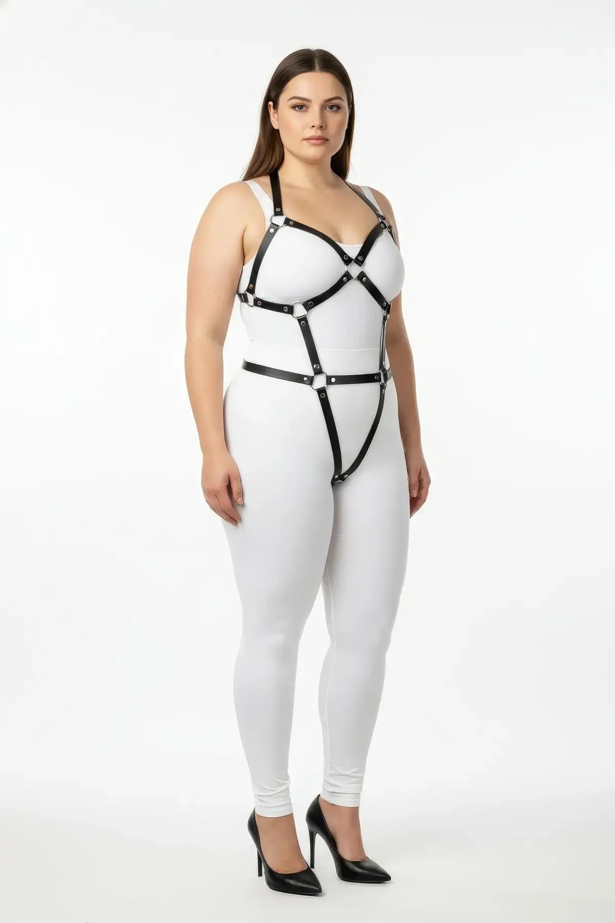 Plus-size black vegan leather multi-strap body harness by HarnessClub