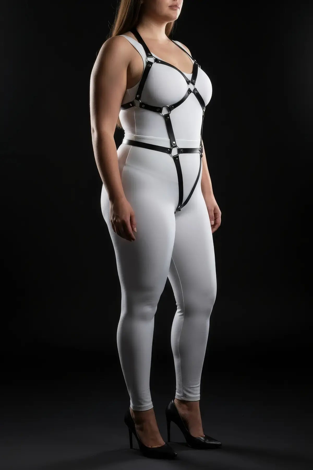 Plus Size Black Multi-Strap Body Harness by HarnessClub in vegan leather worn over white bodysuit