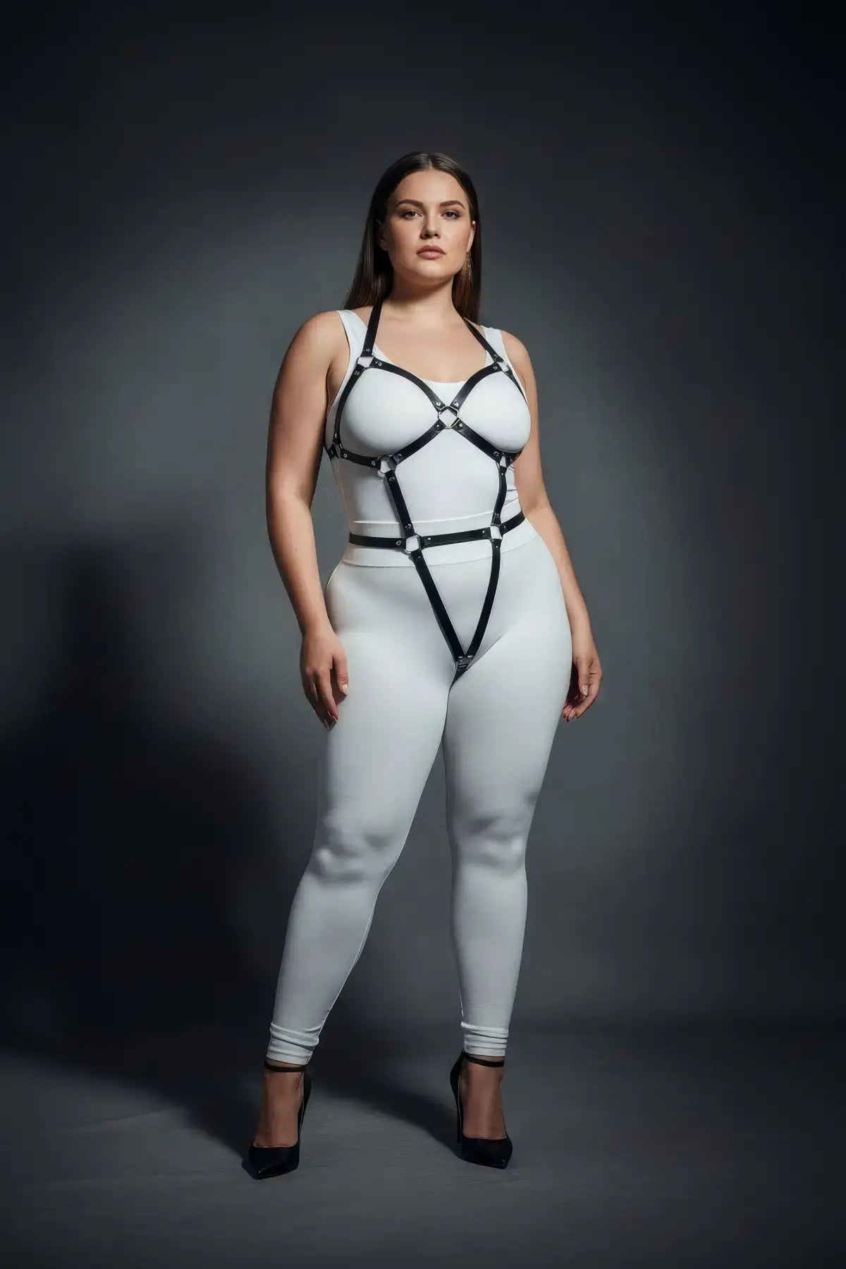 Plus-Size Black Multi-Strap Body Harness with vegan leather straps HarnessClub