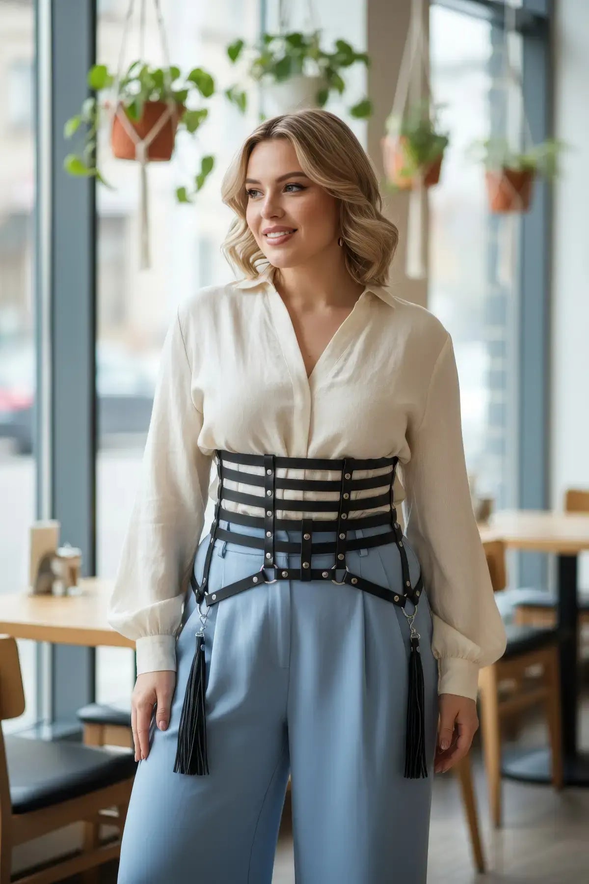 Plus Size Black Multi-Strap Corset Belt with Tassels, vegan leather waist accessory by HarnessClub