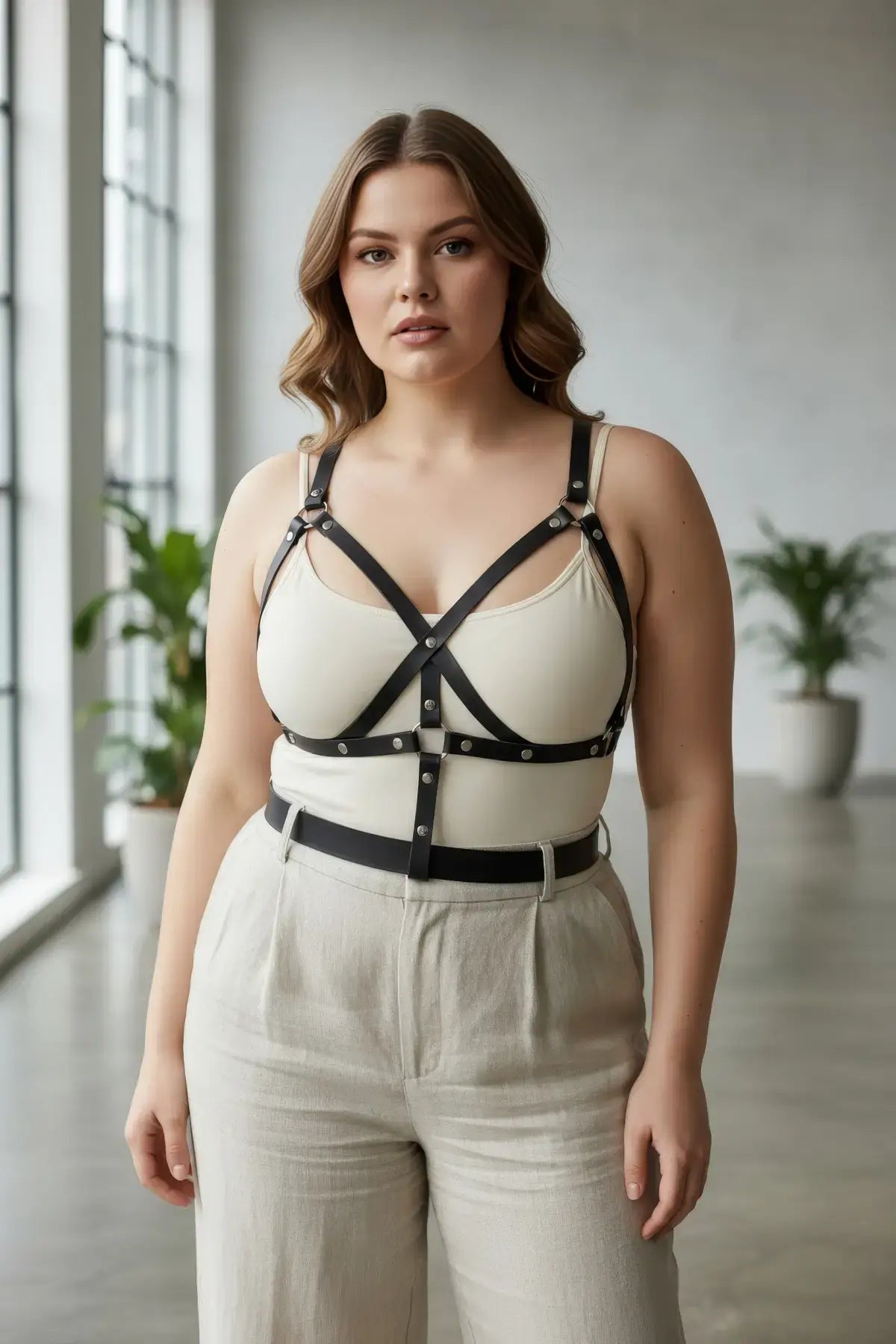 Plus Size Black Multi-Strap Leather Body Harness with cross-strap design