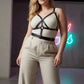 Plus Size Black Multi-Strap Leather Body Harness worn over a beige tank top.