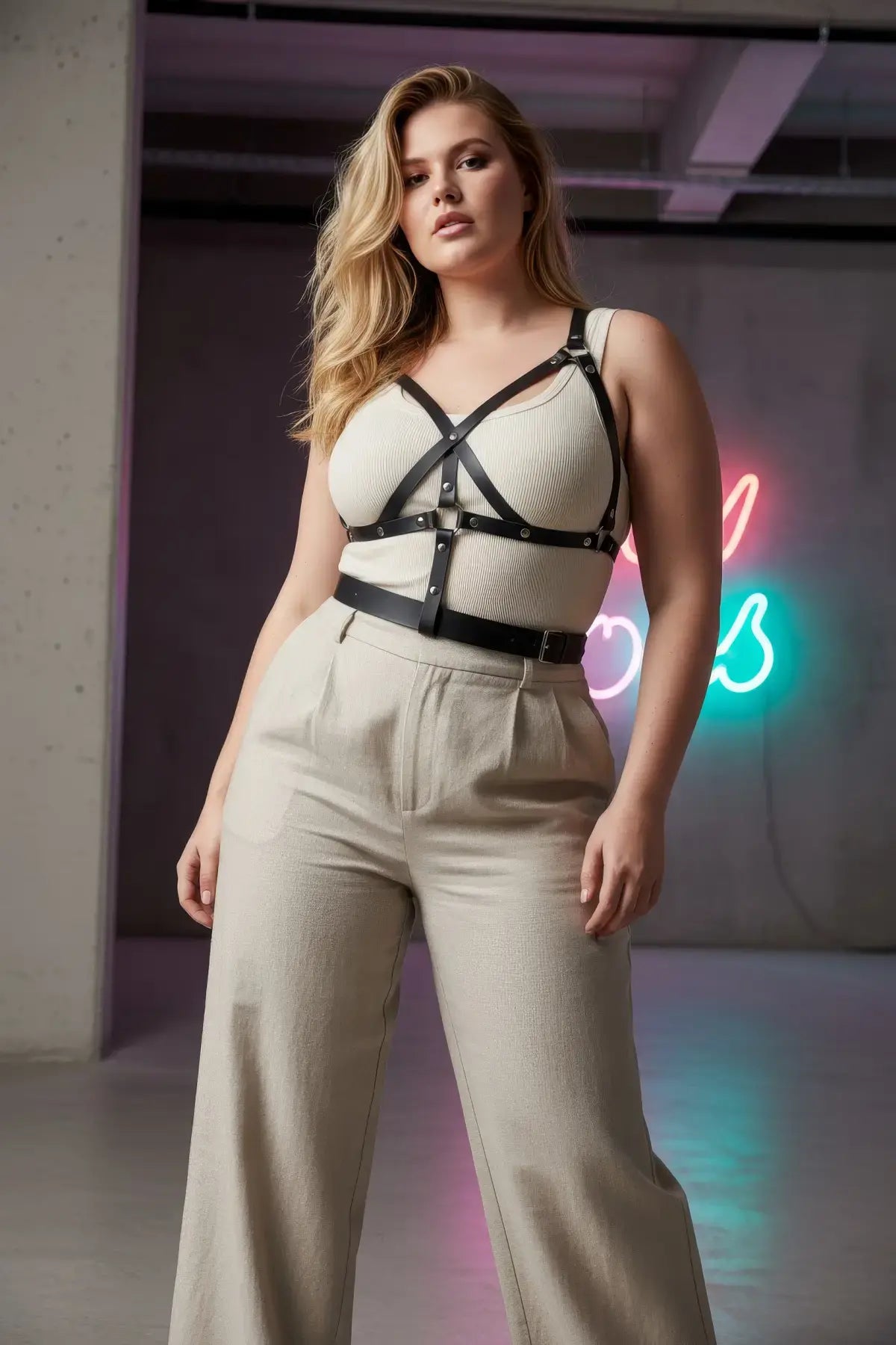 Plus Size Black Multi-Strap Leather Body Harness worn over a beige tank top.