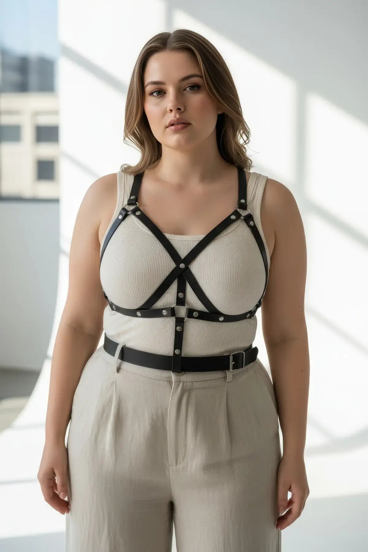 Plus Size Black Multi-Strap Leather Body Harness by HarnessClub worn over a beige tank top