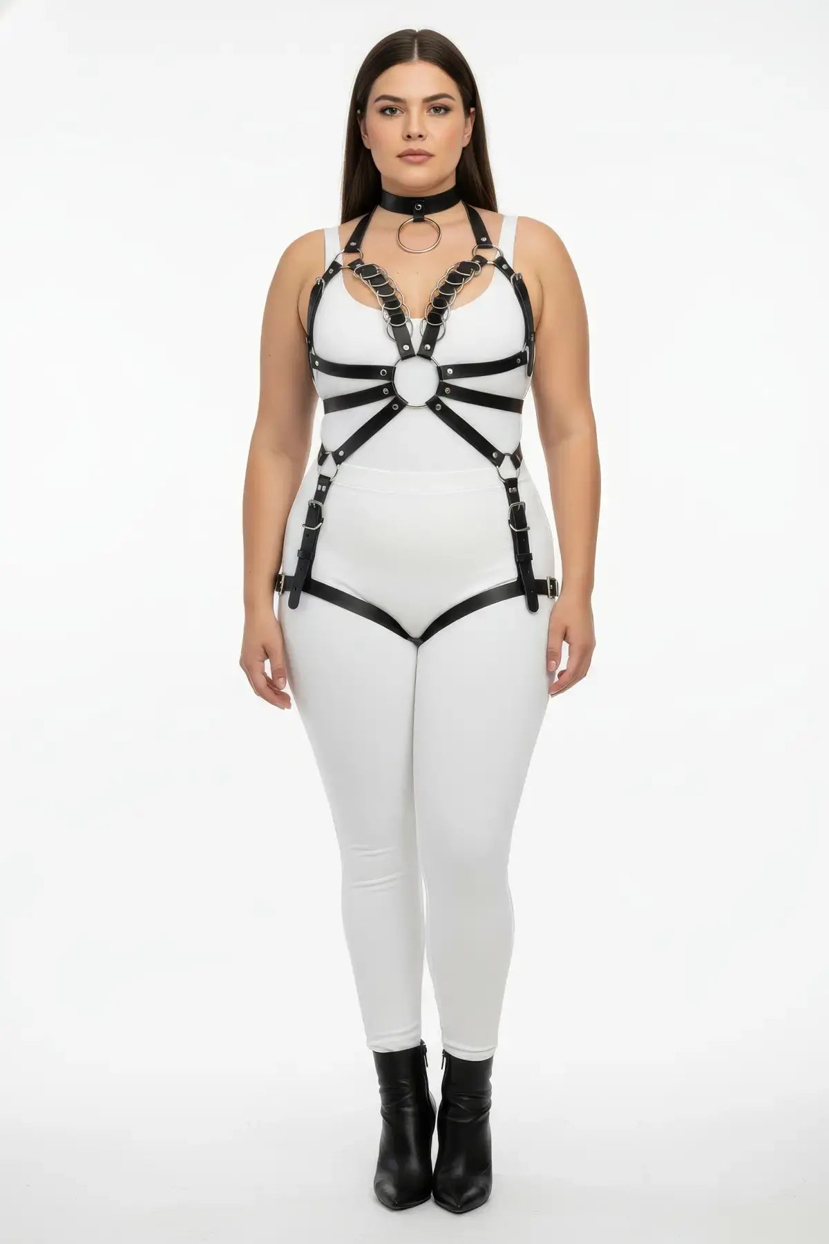 Plus-size black vegan leather body harness with O-ring chain detail by HarnessClub