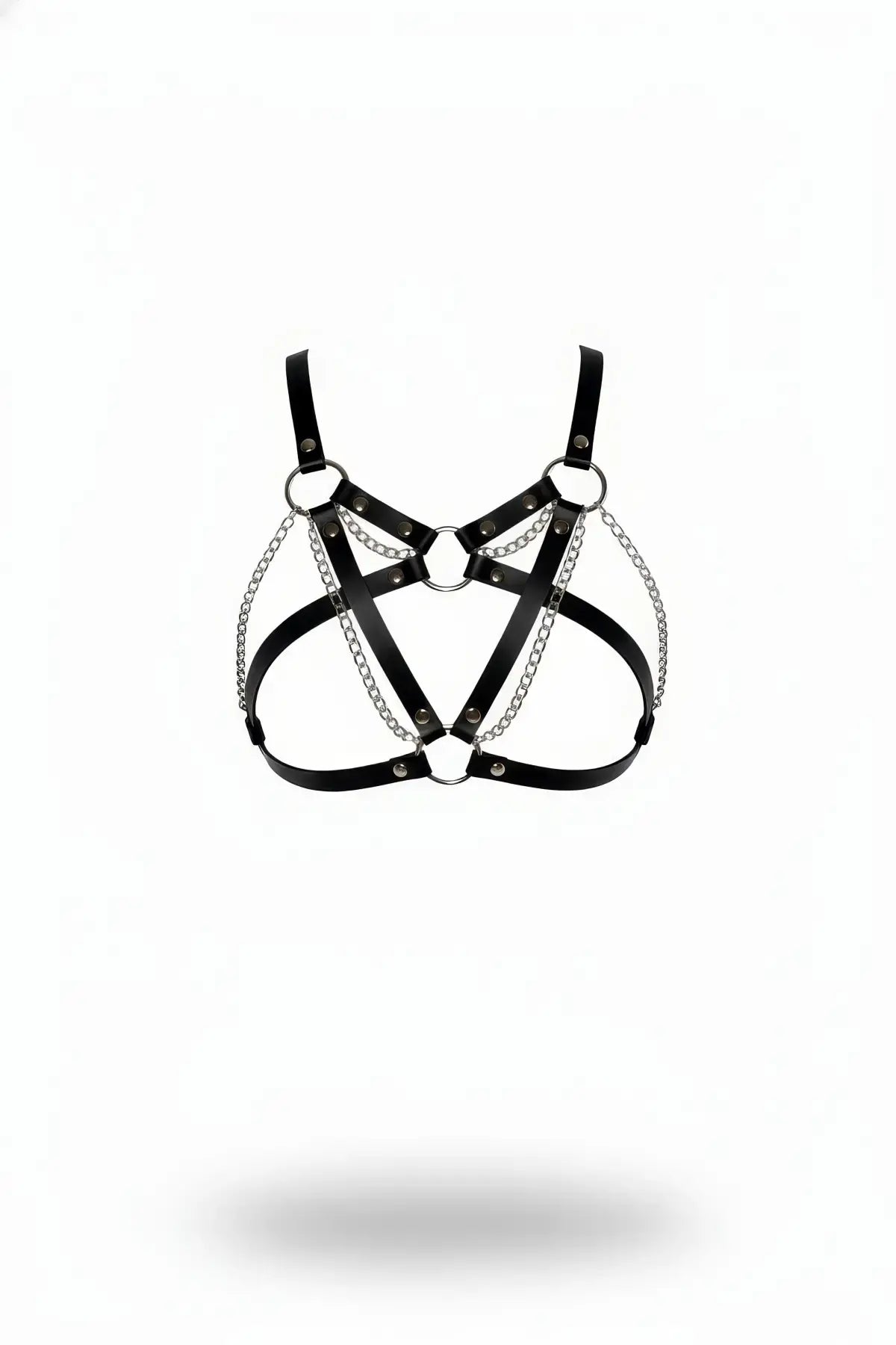 Plus-size black vegan leather O-ring chain drape bralette harness with silver chains by HarnessClub